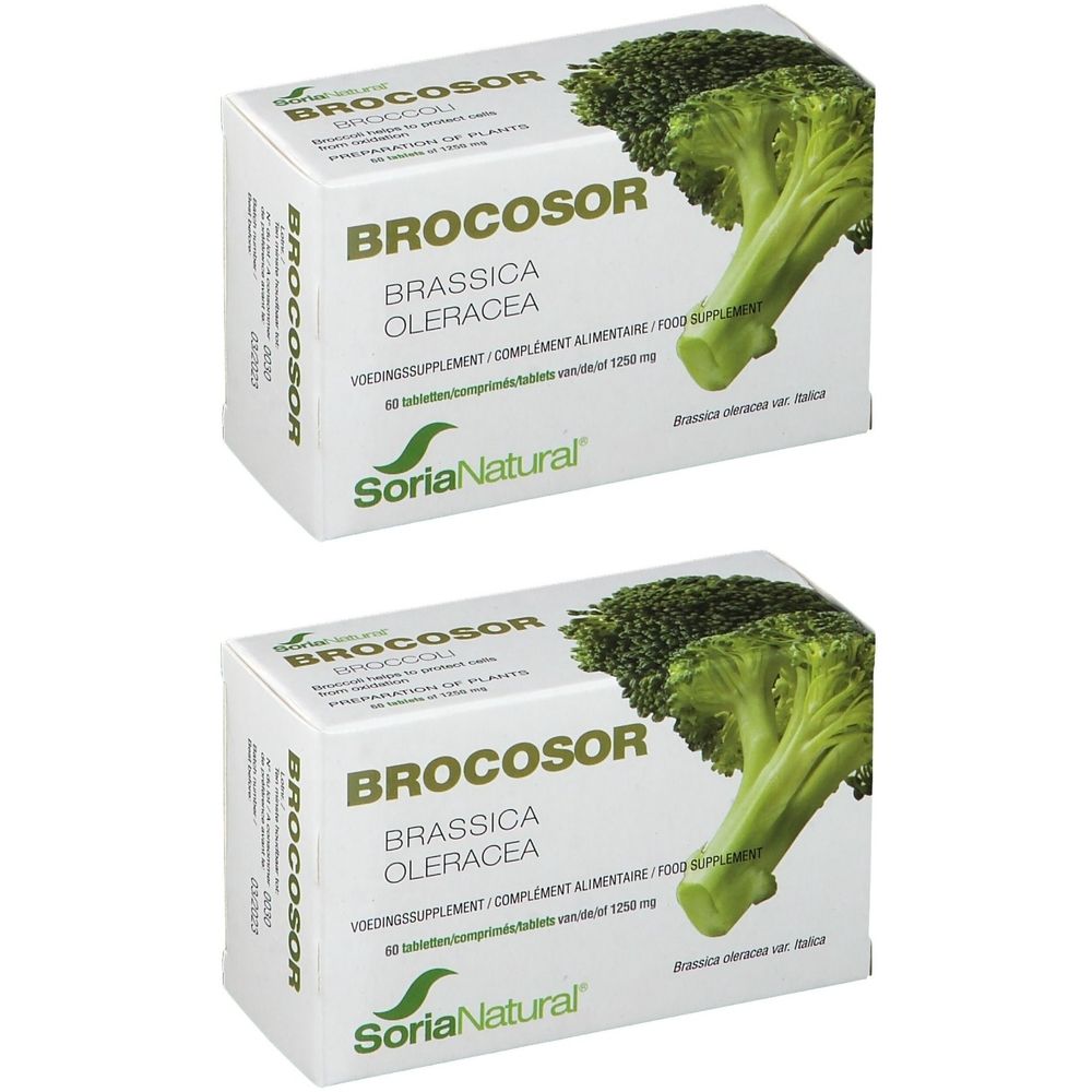 Twee dozen Brocosor tabletten. Opschrift: Brocosor, Brassica oleracea, Soria Natural. Afbeelding van broccoli.