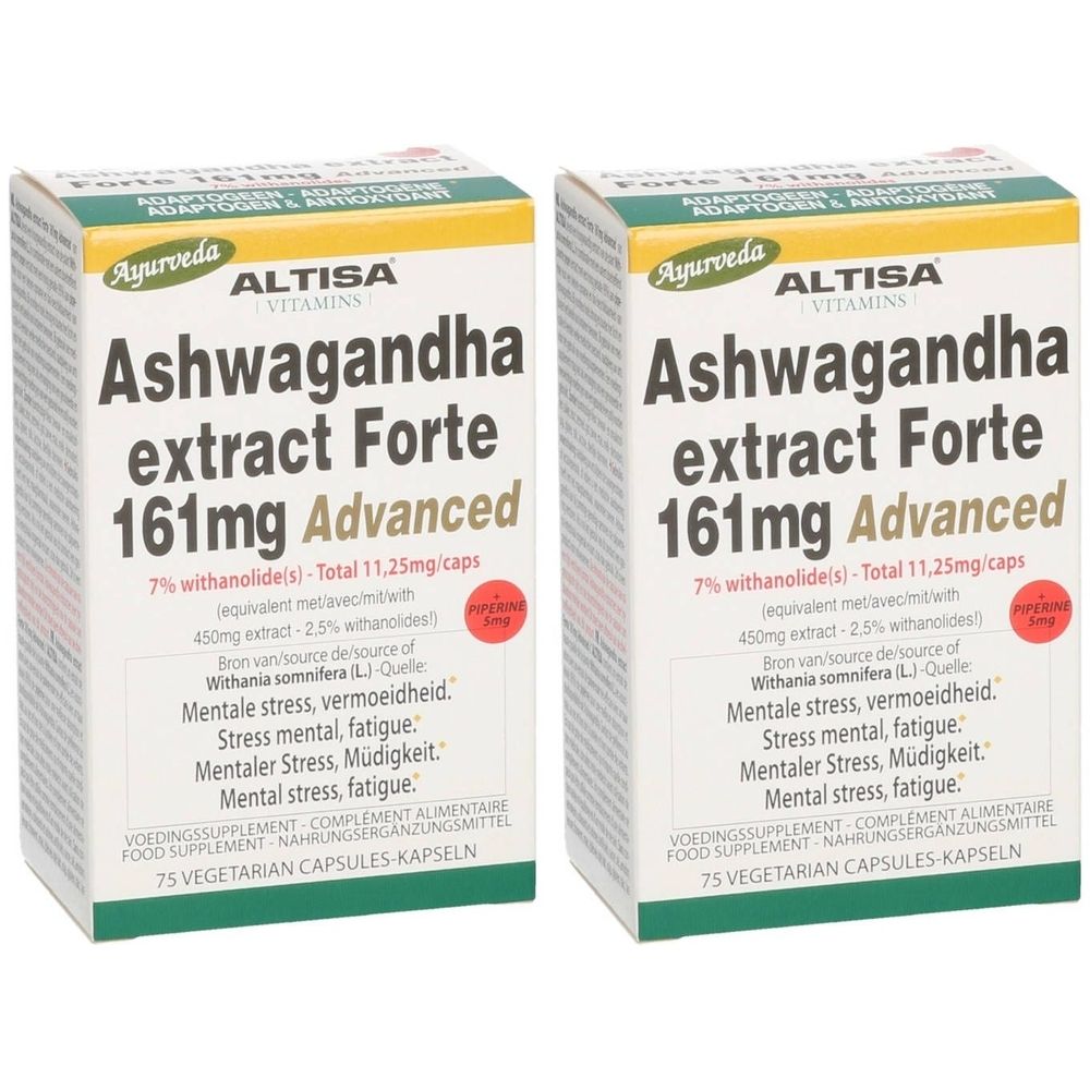 Twee dozen ALTISA Ashwagandha Extract Forte. Tekst: Ashwagandha extract Forte 161mg Advanced. 75 capsules.