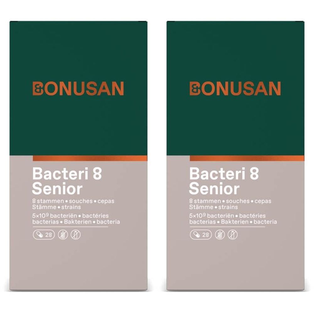 Verpakking van BONUSAN Bacteri 8 Senior. Groen-grijze doos met productnaam en logo. Bevat 28 capsules.