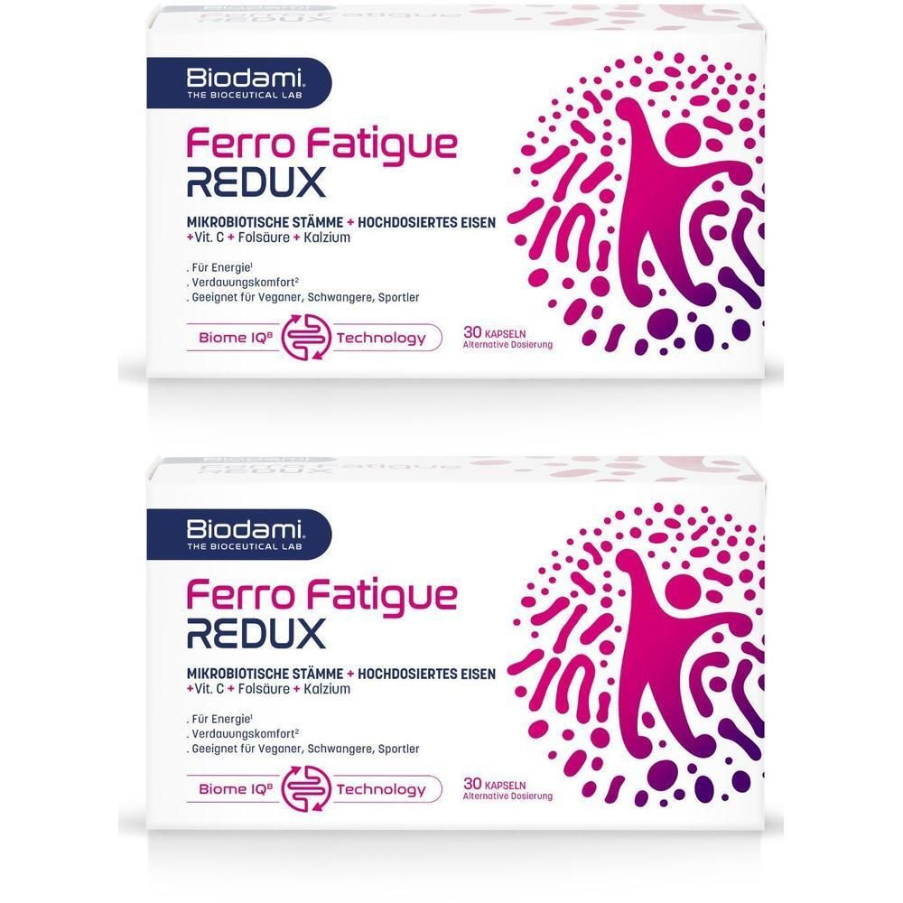 Zwei Schachteln Biodami Ferro Fatigue Redux. Aufschrift: Eisen + Vit C + mikrobiotische Stämme bei Müdigkeit. 30 Kapseln.