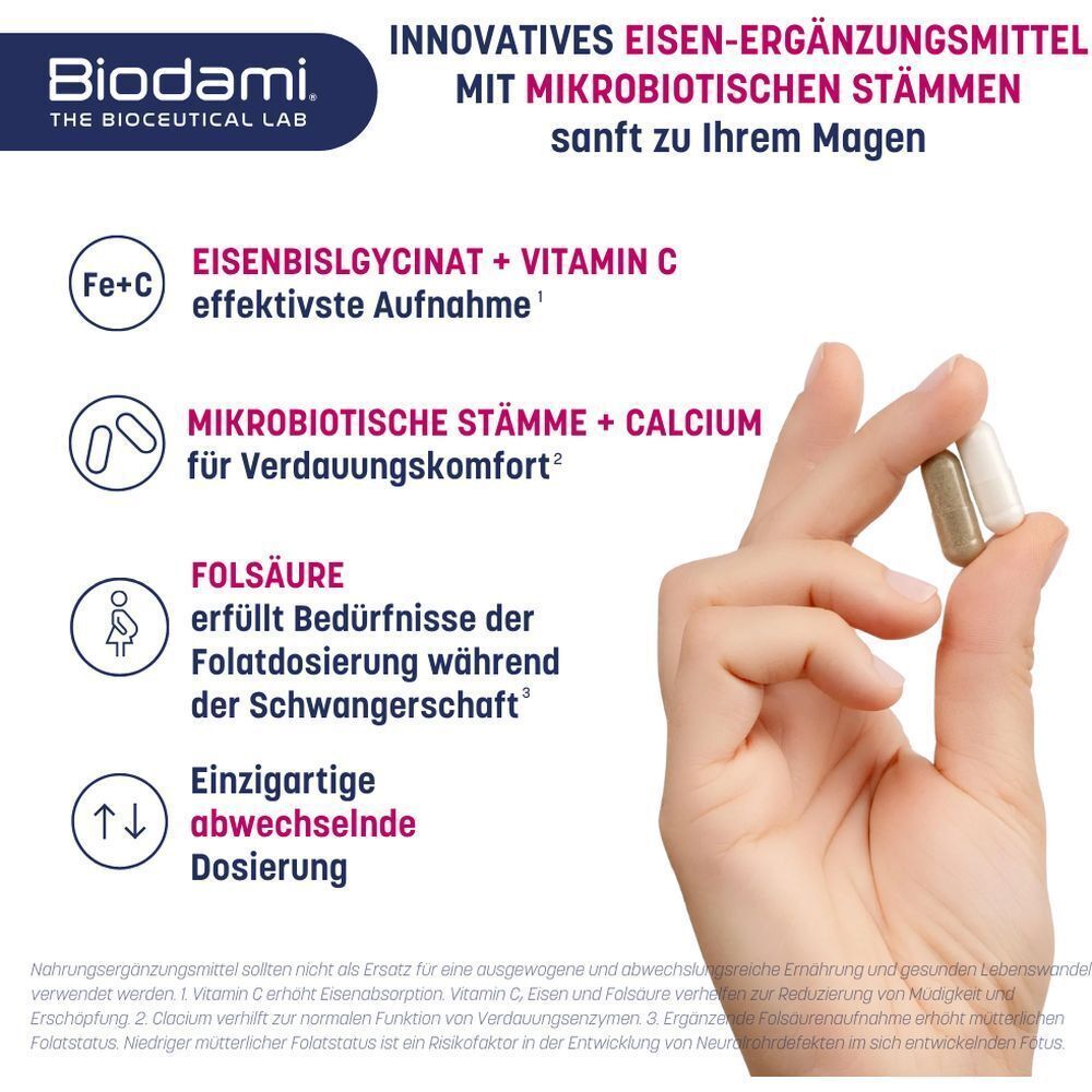 Hand hält Kapseln. Text: Eisenbisglycinat + Vitamin C, Mikrobiotische Stämme + Calcium, Folsäure. Informationen zur Dosierung.