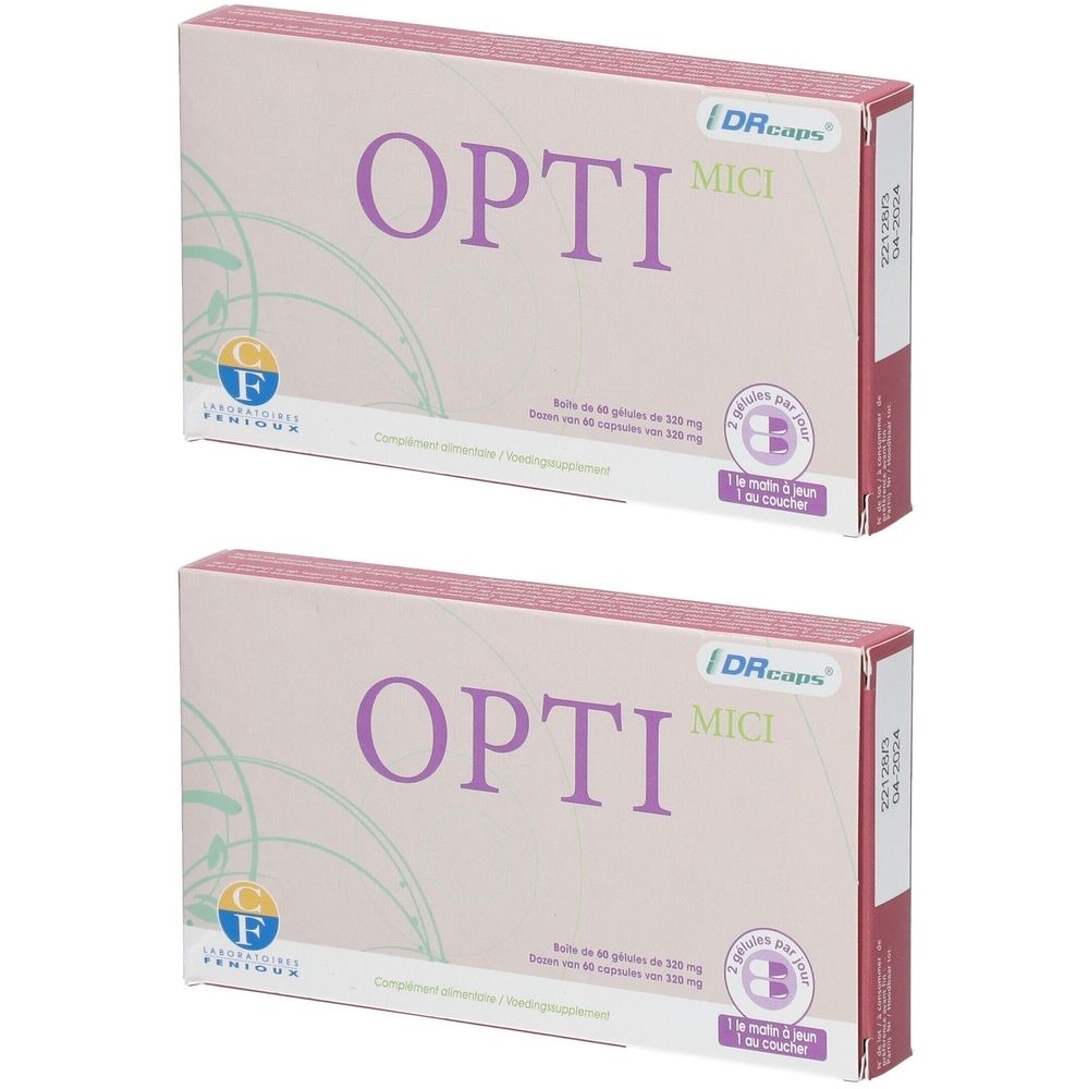 Twee rechthoekige dozen met de tekst OPTI MICI. Logo's en tekst in meerdere talen op elke doos.