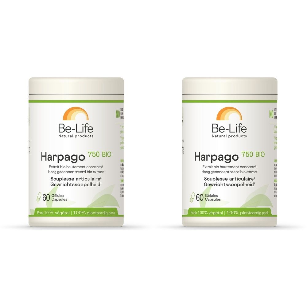 Twee witte potten met etiketten. Opschrift: Be-Life Harpago 750 BIO. 60 capsules. Groen-oranje logo.