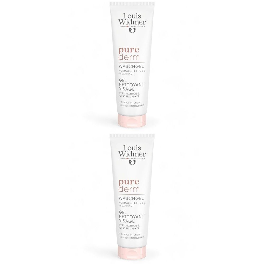 Twee tubes Louis Widmer Purederm wasgel. Wit, roze dop. Tekst: pure derm, Waschgel, Gel nettoyant visage.