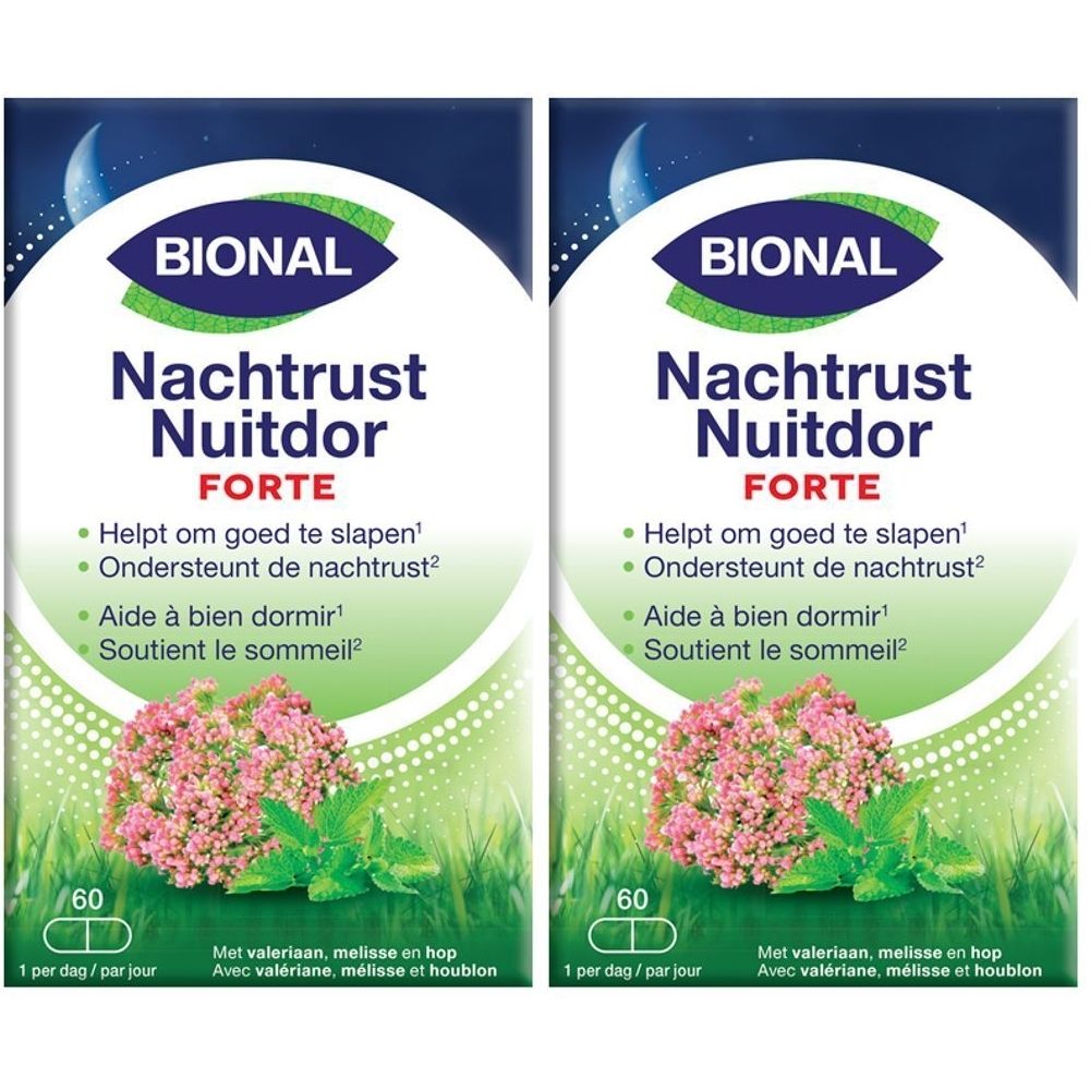 Twee verpakkingen Bional Nachtrust Nuitdor Forte. Blauwe en witte verpakking met productnaam en bloemenillustratie.