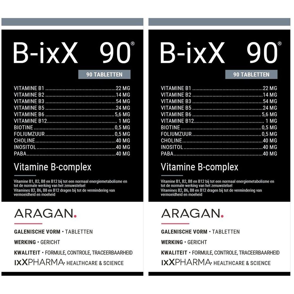 Twee verpakkingen B-ixX. Opschrift: 90 tabletten, vitamine B-complex, IXXPHARMA.