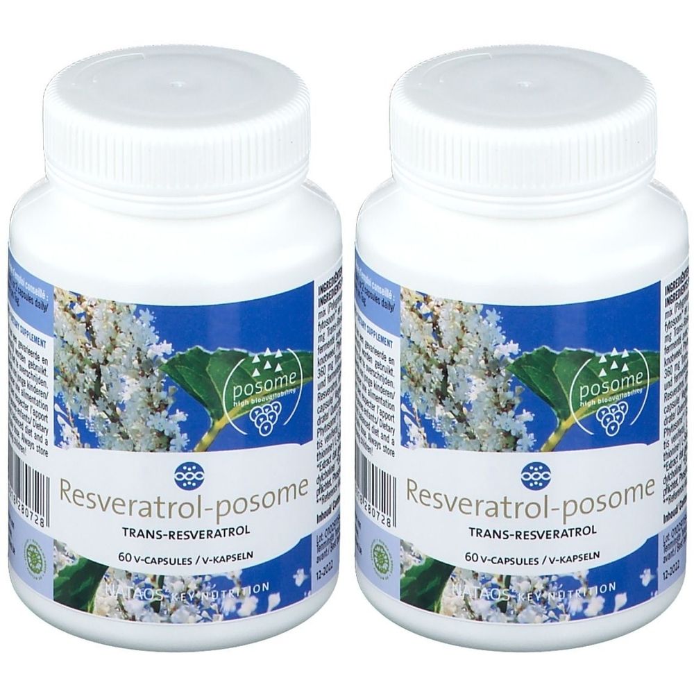 Twee witte flessen met etiketten. Opschrift: Resveratrol-posome, 60 capsules.