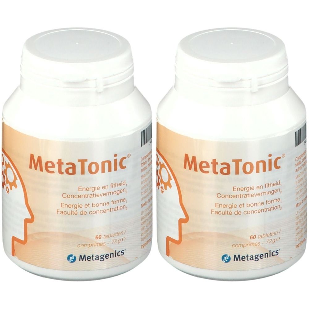 Twee witte flessen MetaTonic. Elke fles bevat 60 tabletten. Opschrift: energie, concentratie. Metagenics logo.