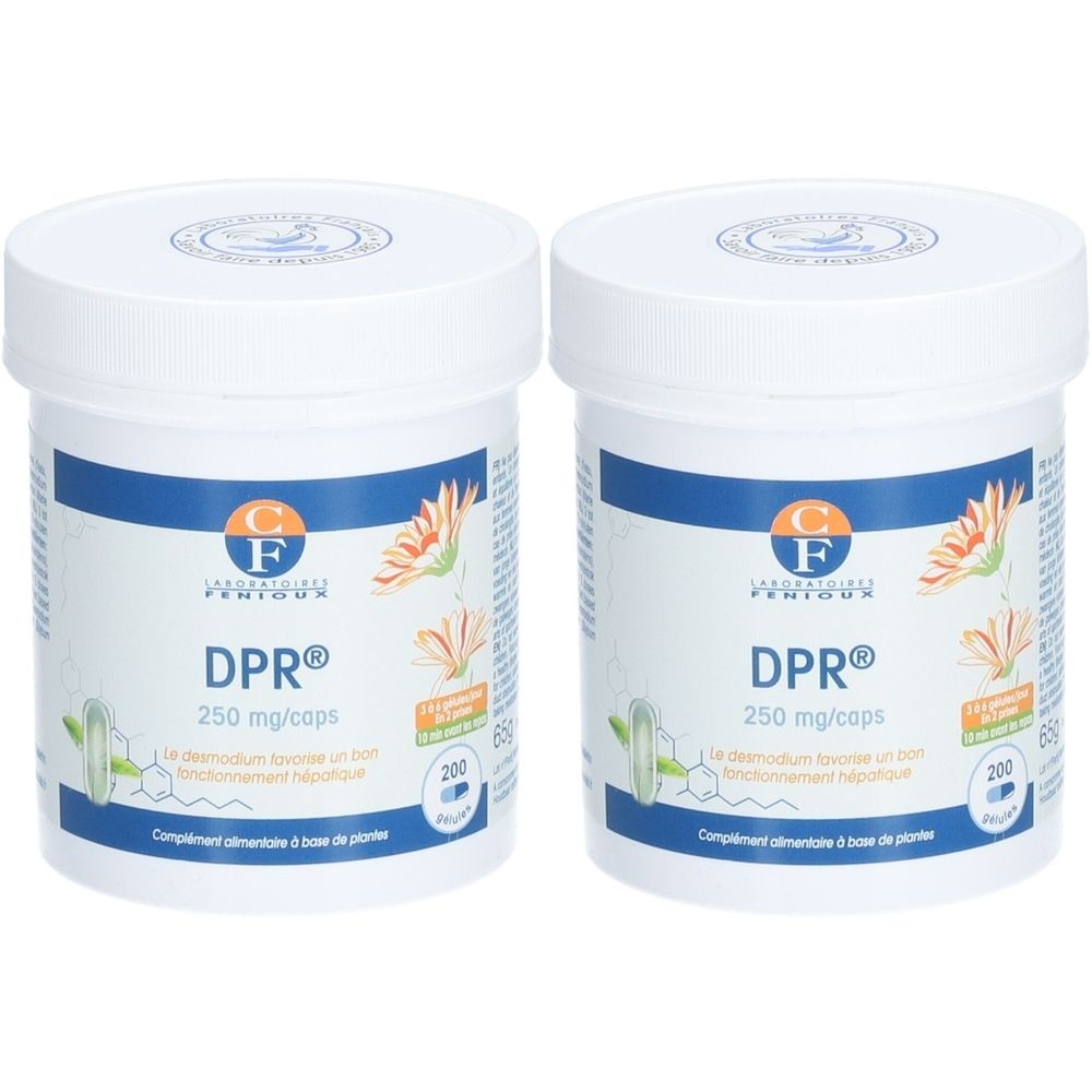Twee witte potten met blauwgroene etiketten. Opschrift DPR®, 250 mg/caps, 200 capsules. Laboratoires FENIOUX.