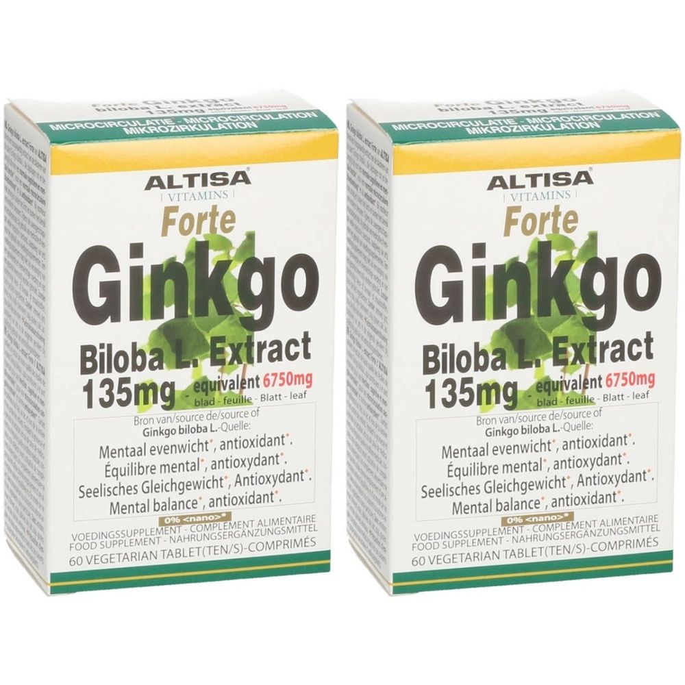 Twee dozen Altisa Ginkgo Biloba Extract Forte. Witte verpakking met groene en zwarte tekst. Bevat 60 tabletten.