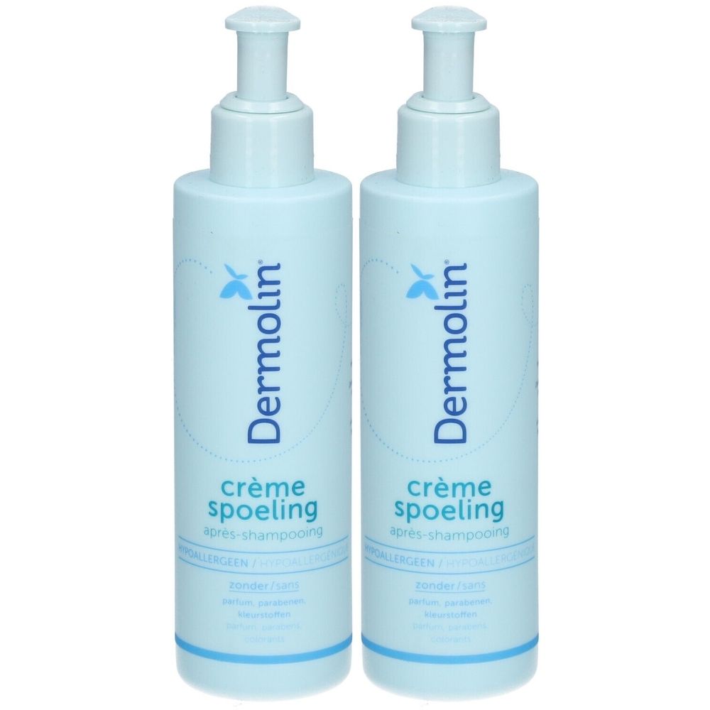 Twee lichtblauwe pompflesjes Dermolin Crème Spoeling, haarverzorging.