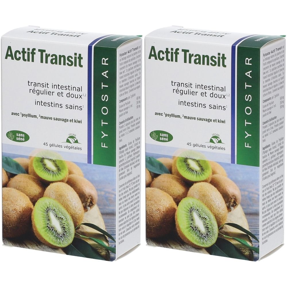 Twee dozen "Actif Transit" met kiwi's. De merknaam is FYTOSTAR. Bevat 45 plantaardige capsules.