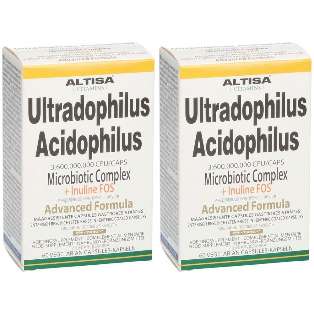 Twee verpakkingen ALTISA Ultradophilus Acidophilus. Witte dozen met groene en gele accenten. Zwarte tekst.