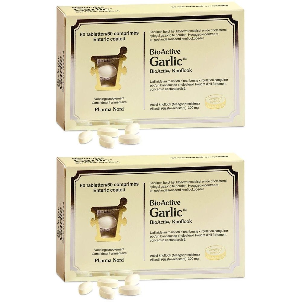 Twee dozen Pharma Nord BioActive Garlic met tabletten ernaast. Elke doos bevat 60 tabletten. Opschrift: BioActive Garlic, 300 mg.