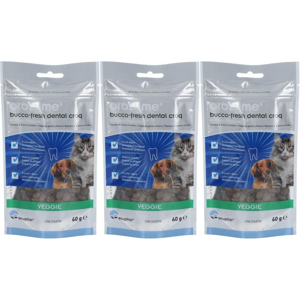 Drei Beutel Pro-me Bucco-Fresh Dental Croq Veggie Hundeleckerlis, je 60g.