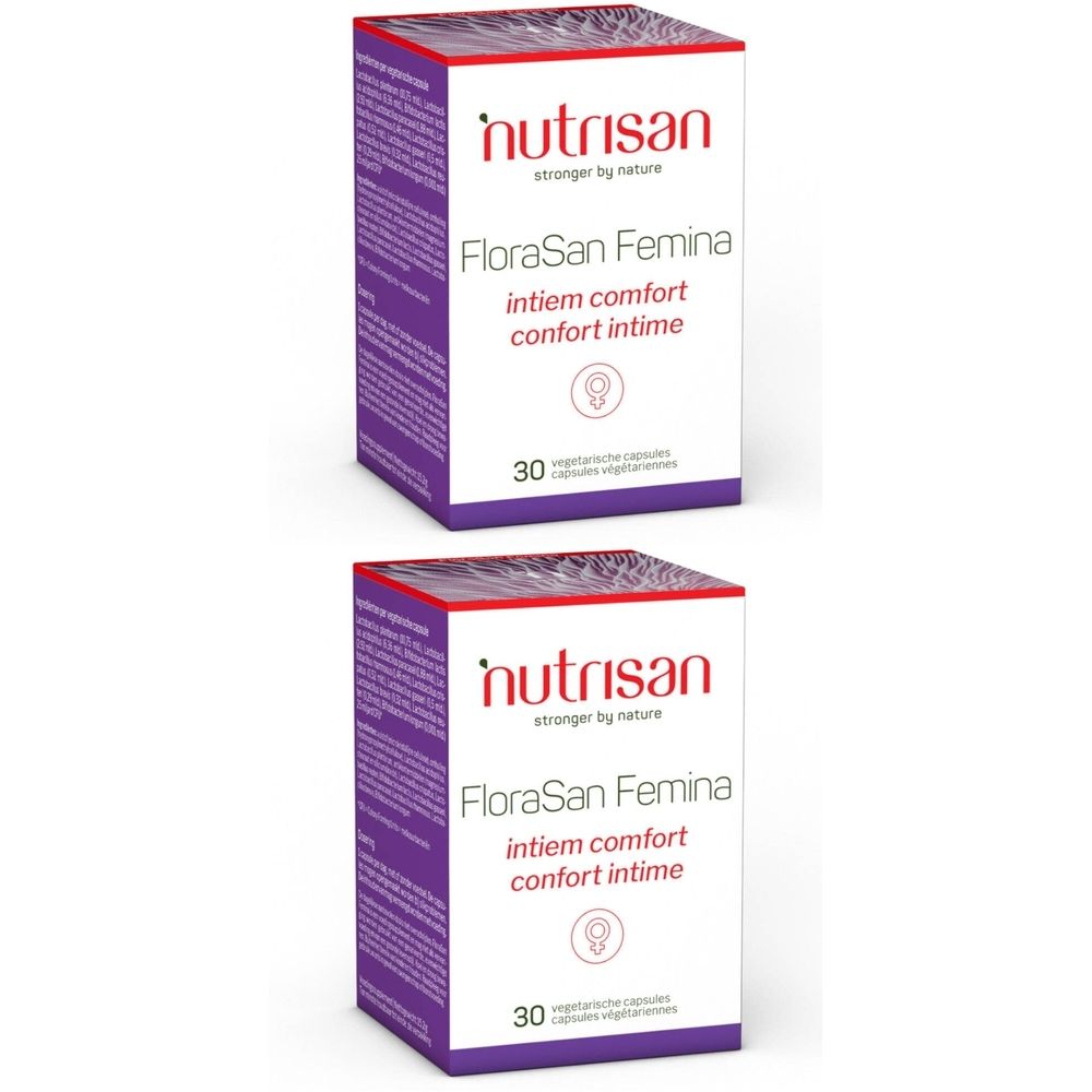 Twee dozen Nutrisan FloraSan Femina. Witte dozen met paarse accenten. Tekst: FloraSan Femina, intiem comfort, confort intime. 30 capsules.
