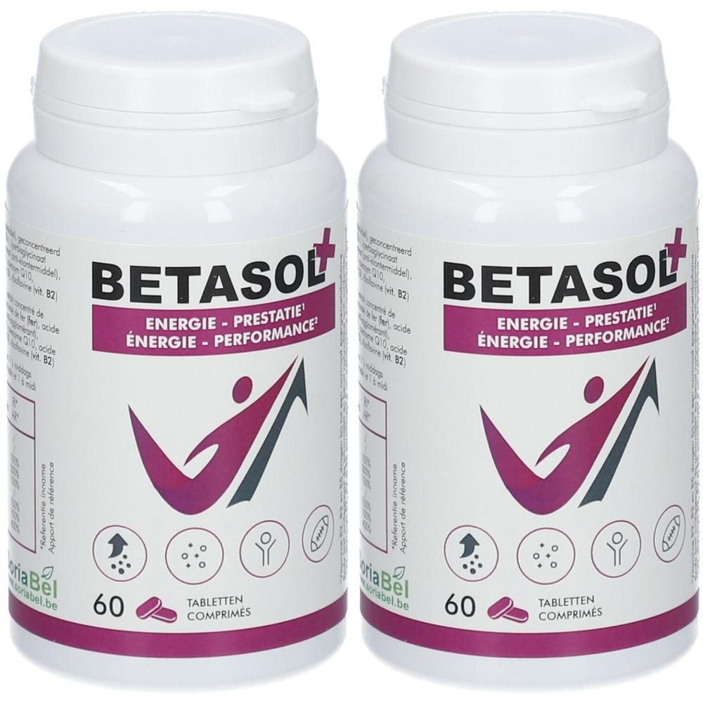 Zwei weiße Flaschen Betasol PLUS. Aufschrift: Energie - Prestatie. 60 Tabletten. Lila Akzent.