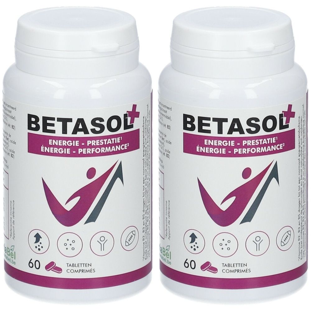 Twee witte flessen Betasol PLUS. Opschrift: Energie - Prestatie. 60 tabletten. Paarse accenten.