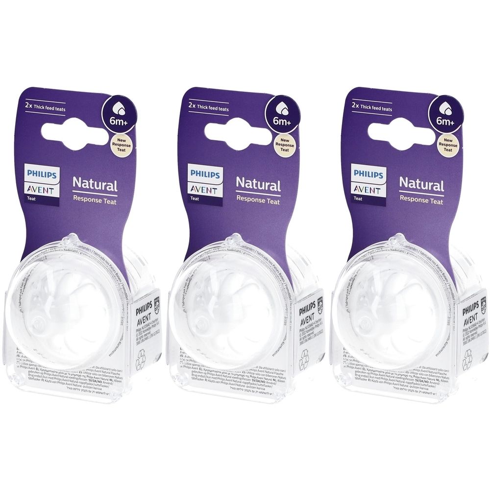Drei Packungen PHILIPS AVENT Natural Response Teat. Jede Packung enthält zwei Sauger. Sichtbar sind transparente Sauger in Plastikverpackung.