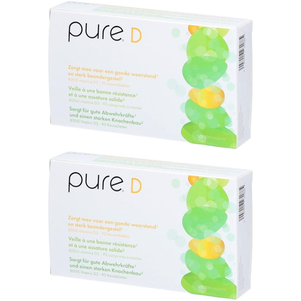 Zwei weiße Schachteln mit "pure. D"-Logo und Text. Grün-gelbe Illustration. Text in Deutsch, Französisch und Niederländisch.