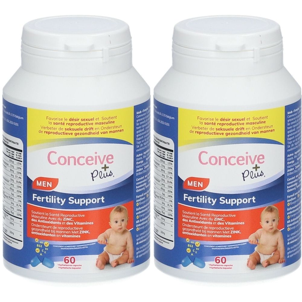 Twee flessen Conceive Plus Men Fertility Support. Witte flessen met blauwe en gele etiketten. Opschrift: 60 capsules.