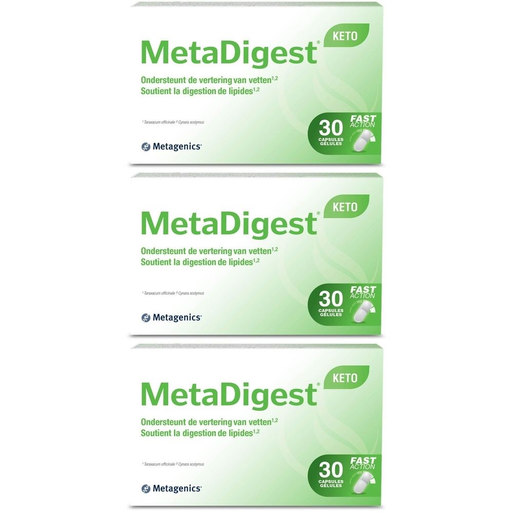 Trois boîtes vertes MetaDigest Keto. Inscription: MetaDigest, Keto, 30 gélules. Logo Metagenics.