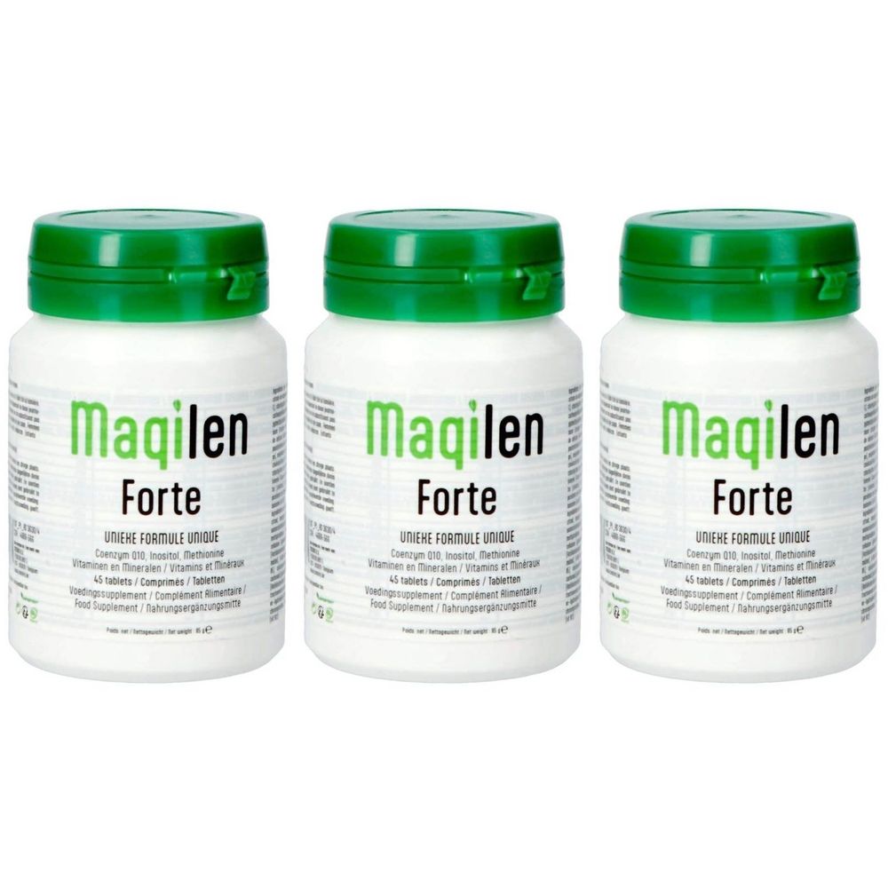 Drie flessen Maqilen Forte. Witte flessen met groene dop. Opschrift Maqilen Forte en andere informatie.