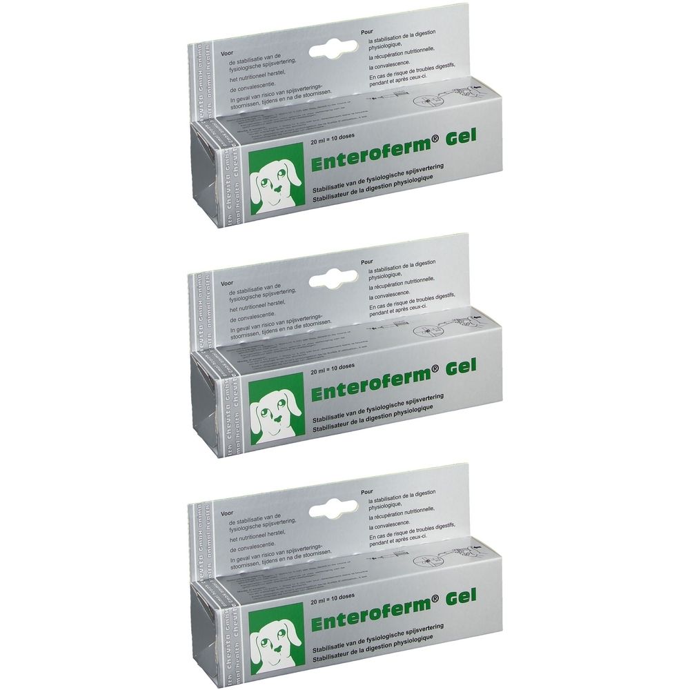 Drie verpakkingen Enteroferm Gel voor honden, elk met een hondenhoofdlogo en productinformatie.