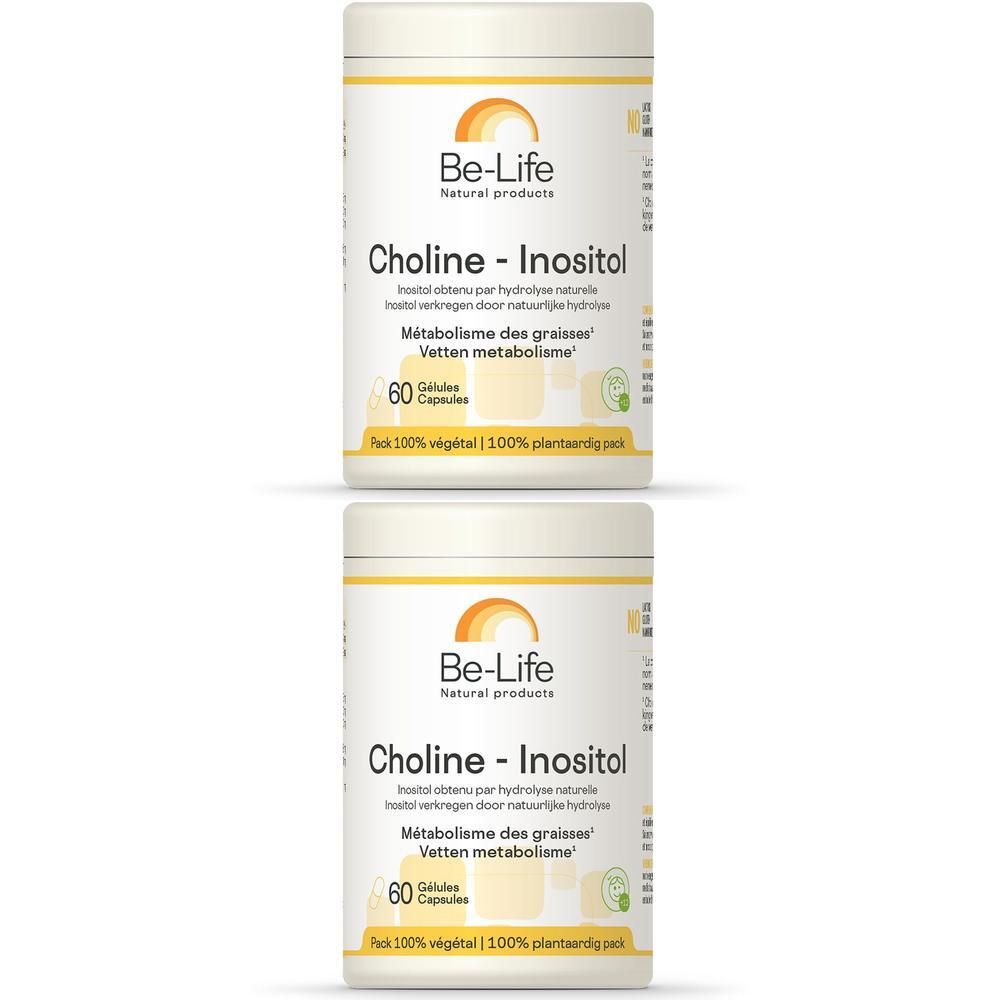 Zwei weiße Behälter mit gelbem Etikett. Aufschrift: Be-Life Choline - Inositol. 60 Kapseln. 100% pflanzlich.