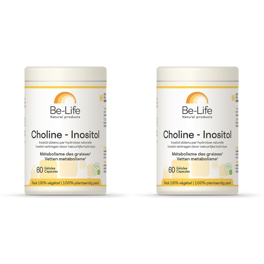 Twee witte potten met geel etiket. Opschrift: Be-Life Choline - Inositol. 60 capsules. 100% plantaardig.