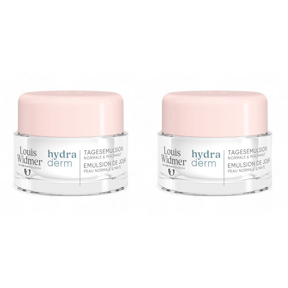 Deux pots de crème Louis Widmer hydra derm. Récipients en verre avec couvercles roses. Inscription: hydra derm, Louis Widmer, Emulsion de jour.