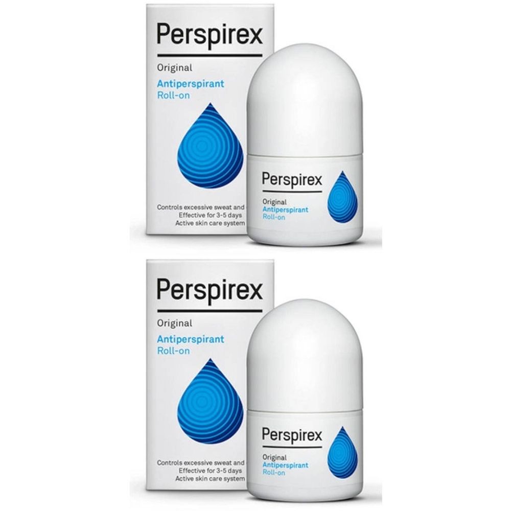 Zwei weiße Roll-on-Deodorants mit Verpackung. Aufschrift: Perspirex Original Antiperspirant Roll-on. Blaue Tropfen-Grafik.