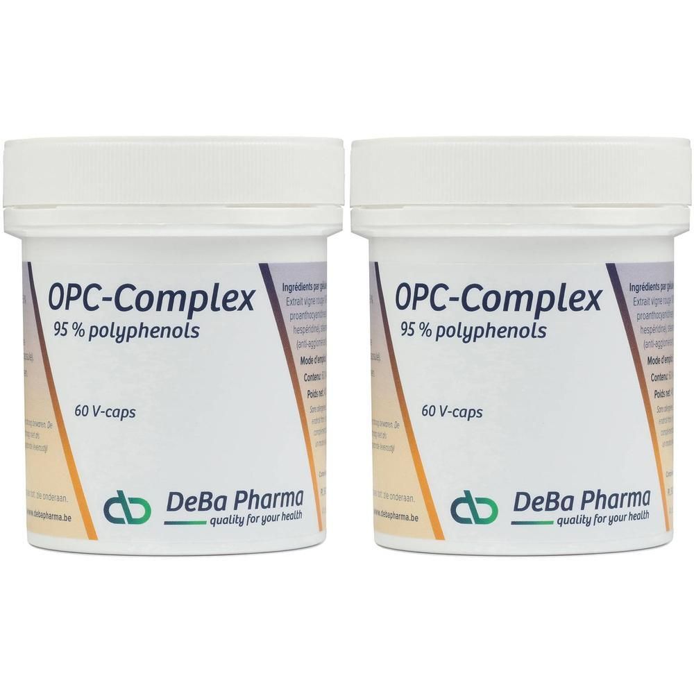Zwei weiße Behälter mit Aufschrift OPC-Complex, 95% Polyphenole, 60 V-Kapseln. DeBa Pharma Logo.