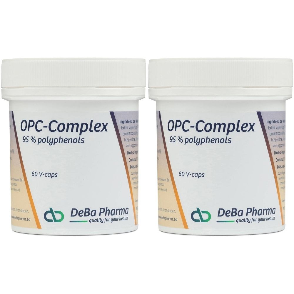 Twee witte potten met opschrift OPC-Complex, 95% polyfenolen, 60 V-capsules. DeBa Pharma logo.