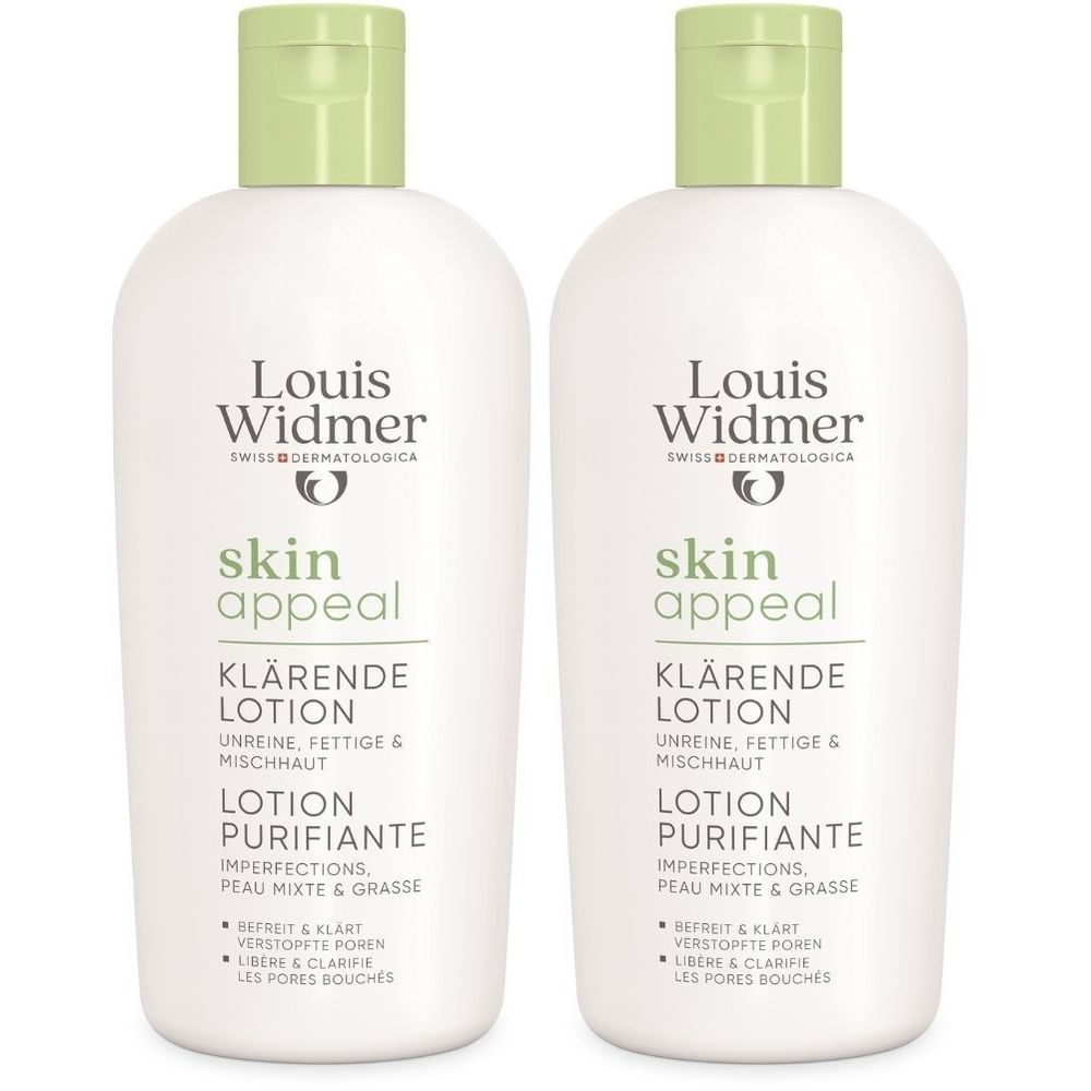 Twee witte flessen met groene dop. Opschrift: Louis Widmer, Skin Appeal Lotion Purifiante.