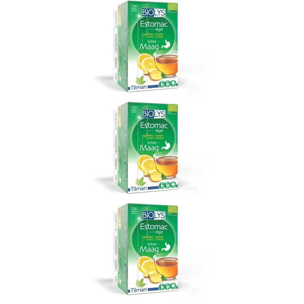 Drie groene dozen met productafbeelding en tekst. Zichtbaar: BIOLYS, Estomac, gember, citroen, bio-logo.