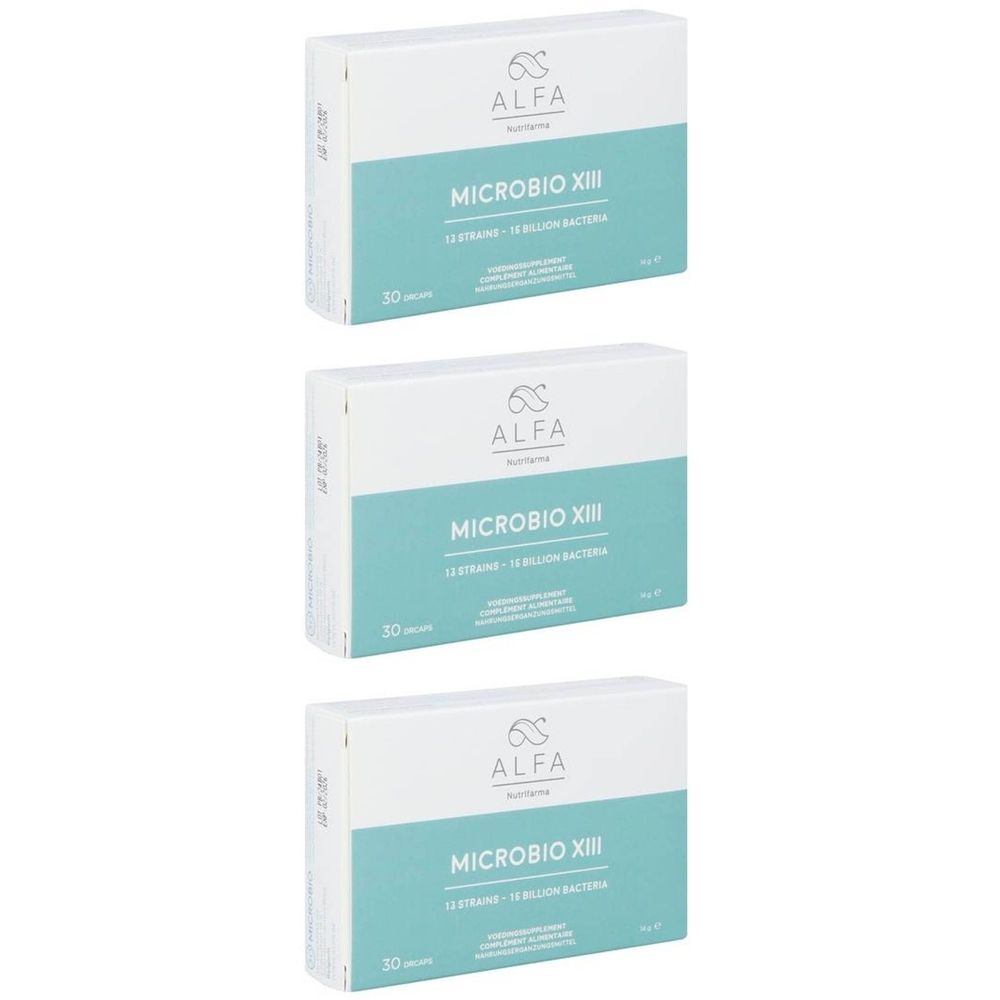 Drie dozen met productopdruk. Boven: merk Alfa, productnaam Microbio XIII, 30 stuks.