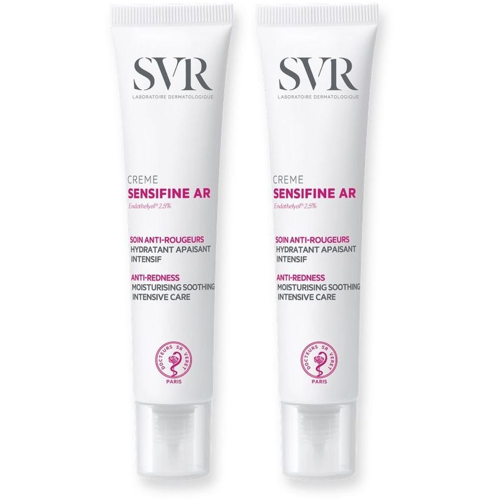 Twee tubes crème, wit met rode tekst. Opschrift: SVR, SENSIFINE AR, Crème. 40ml.