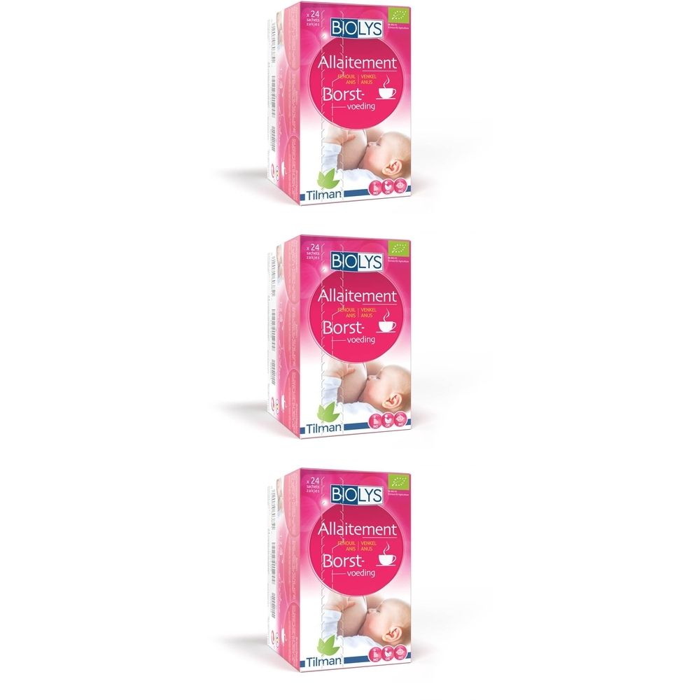 Trois boîtes BIOLYS roses. Texte et image d'allaitement. Inscription : Allaitement, Borst-voeding, allaitement.