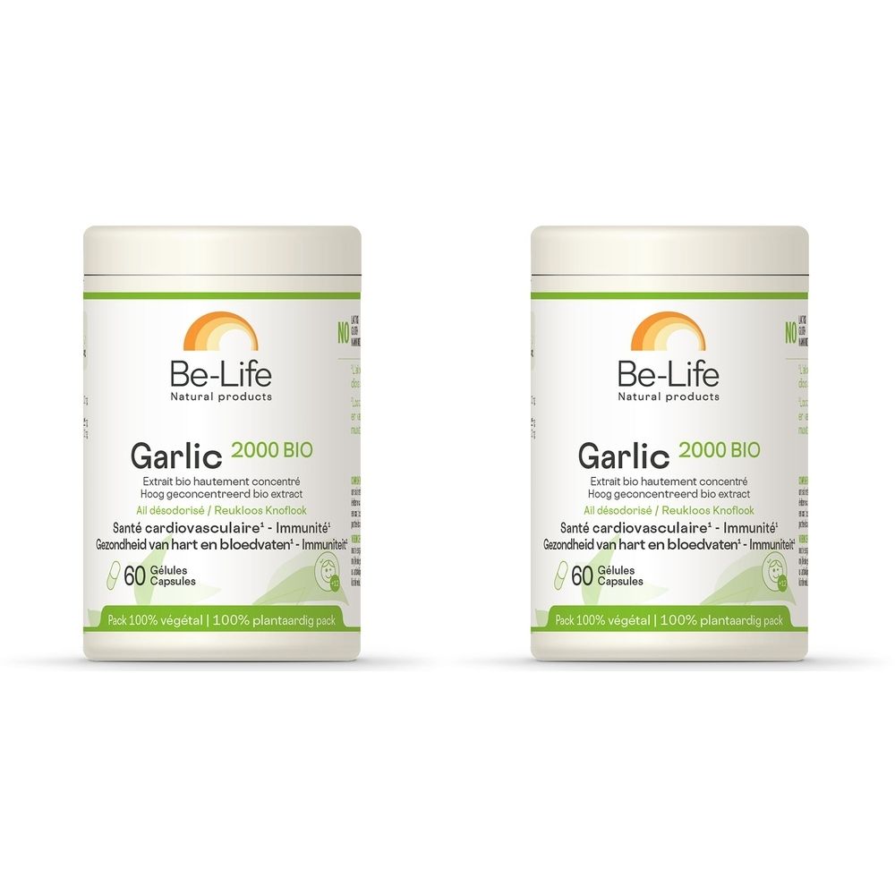 Twee witte potten Be-Life Garlic 2000 BIO. Opschrift: 60 capsules. Tekst in het Frans, Nederlands en Engels.