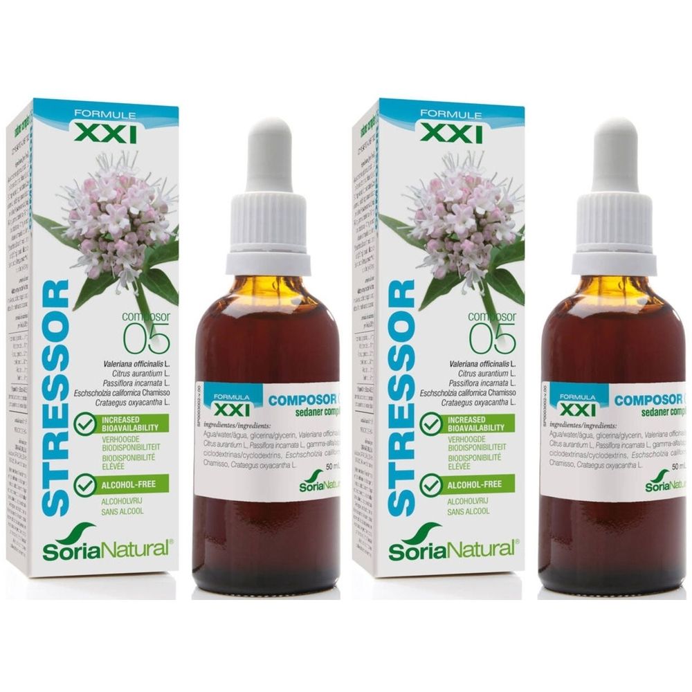 Plusieurs flacons et emballages de Soria Natural Composor 05 Stressor XXI. Flacons en verre brun avec pipettes, dans des boîtes blanches.