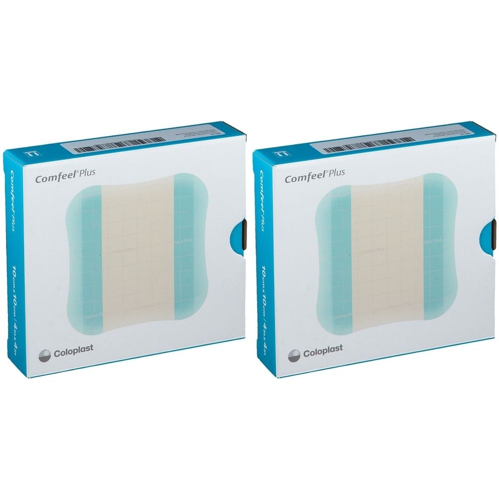 Twee verpakkingen Coloplast Comfeel Plus verbandmiddelen.