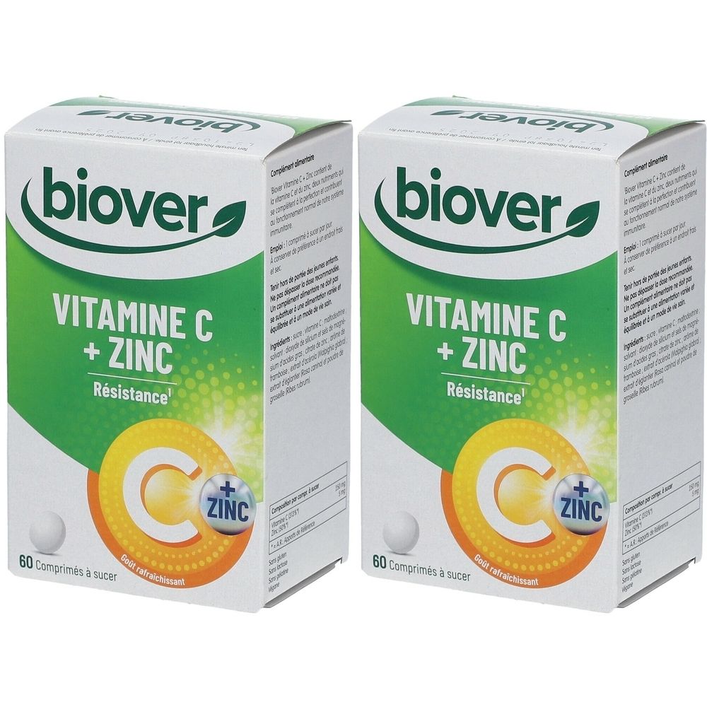 Twee dozen "biover Vitamine C + Zink". Groene en witte verpakking. Bevat 60 zuigtabletten. Opschrift "Résistance".