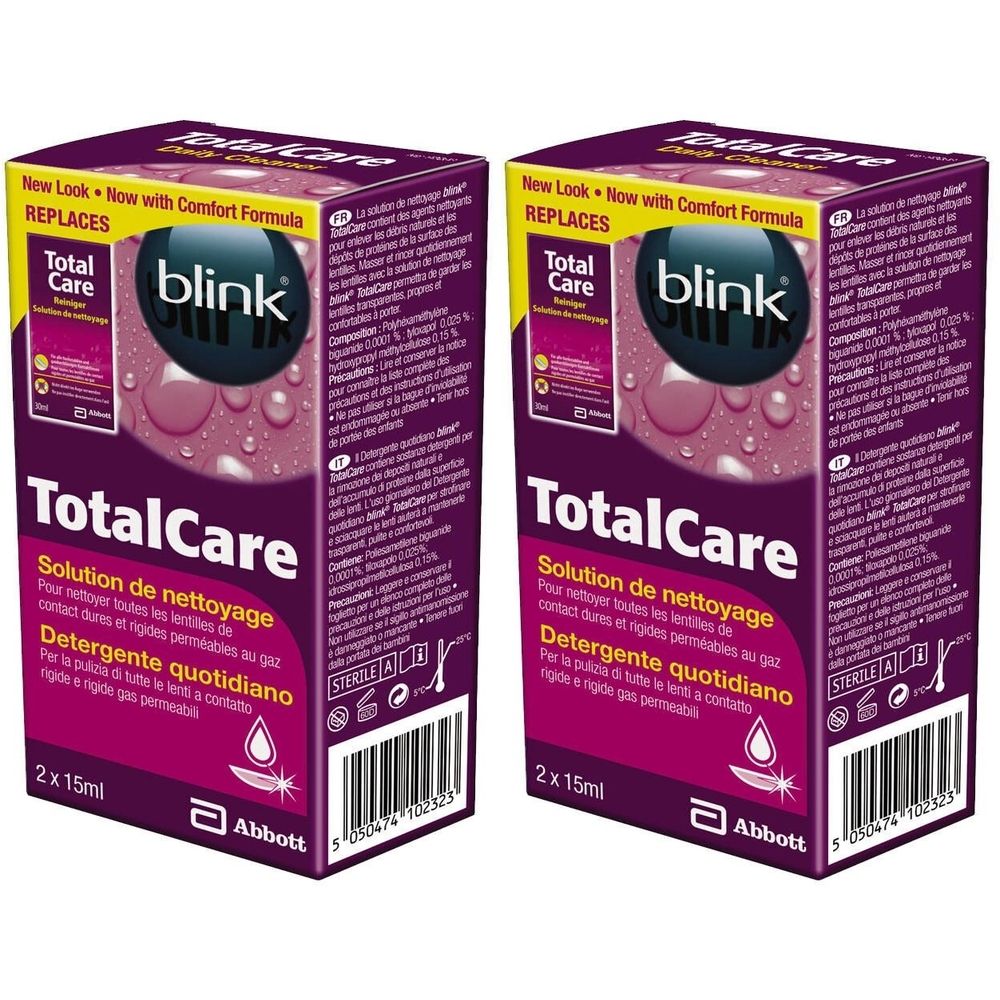 Deux paquets de solution de nettoyage pour lentilles de contact Blink Total Care, 2x15 ml chacun.