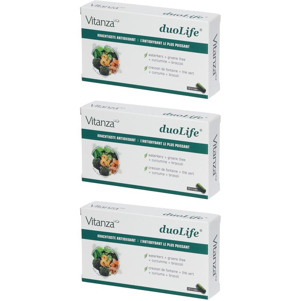 Drei weiße DuoLife-Schachteln mit grünen und schwarzen Akzenten. Aufschrift: Vitanza, DuoLife, Kräuterkraft Antioxidant.