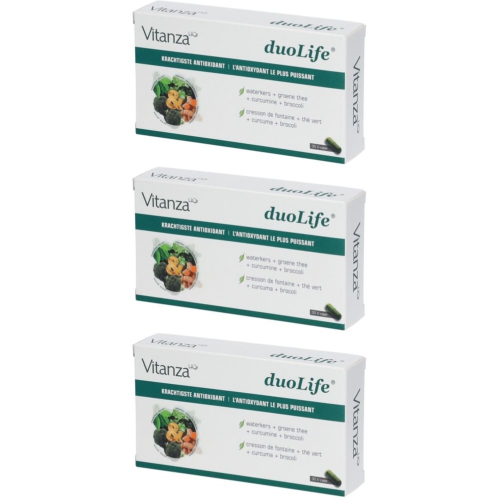 Trois boîtes blanches DuoLife. Inscriptions : Vitanza, DuoLife, antioxydant le plus puissant. Ingrédients en vert.