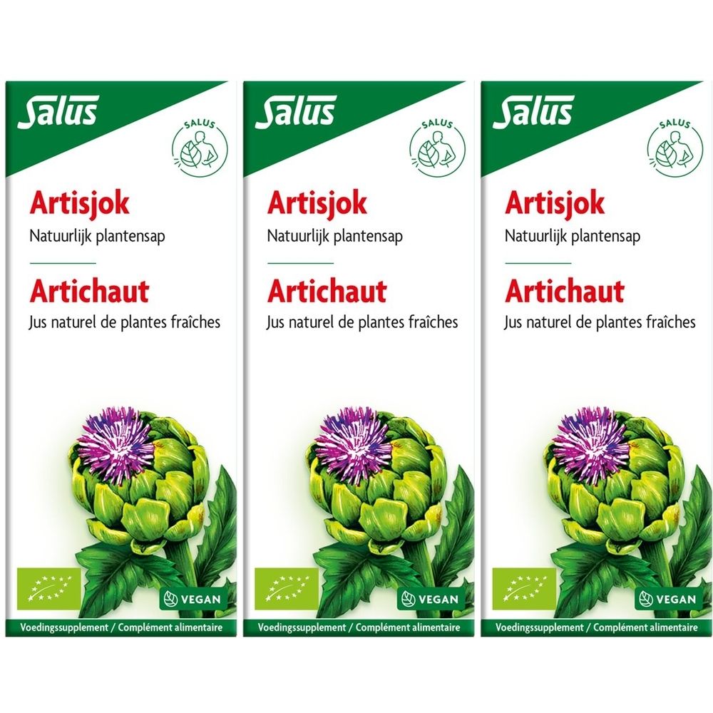 Drie dozen met artisjok-illustratie en tekst. Bio- en vegan-labels.