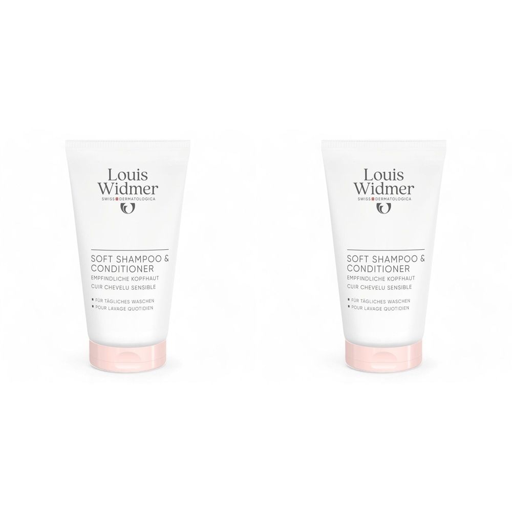 Deux tubes de shampooing et revitalisant doux Louis Widmer. Tubes blancs avec bouchon rose. Texte noir.