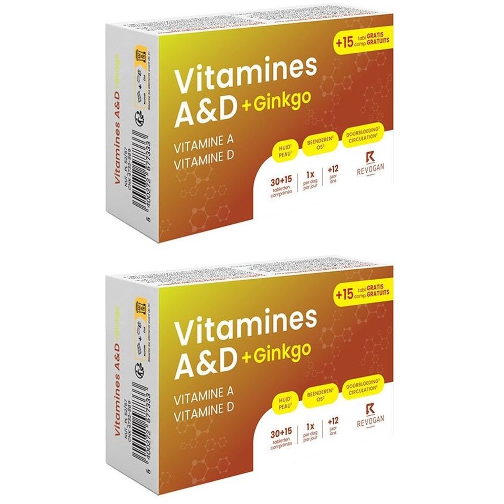 Twee dozen Nutritic Vitamines A & D + Ginkgo. Verpakking toont productnaam, Vitamine A & D en ginkgo blad illustratie.