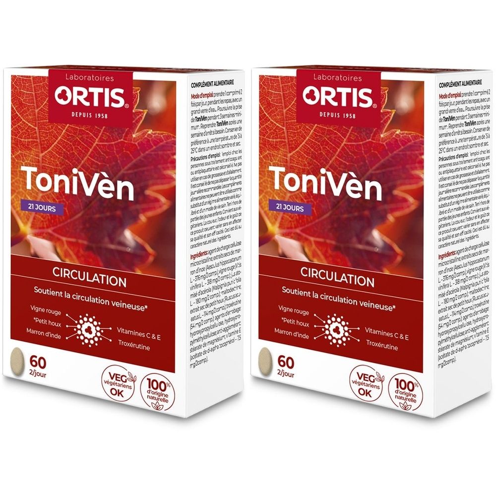 Twee dozen ORTIS Tonivèn. Opschrift: ORTIS, Tonivèn, 21 jours, Circulation. Bevat 60 tabletten. Met VEG- en 100 % OK-zegel.